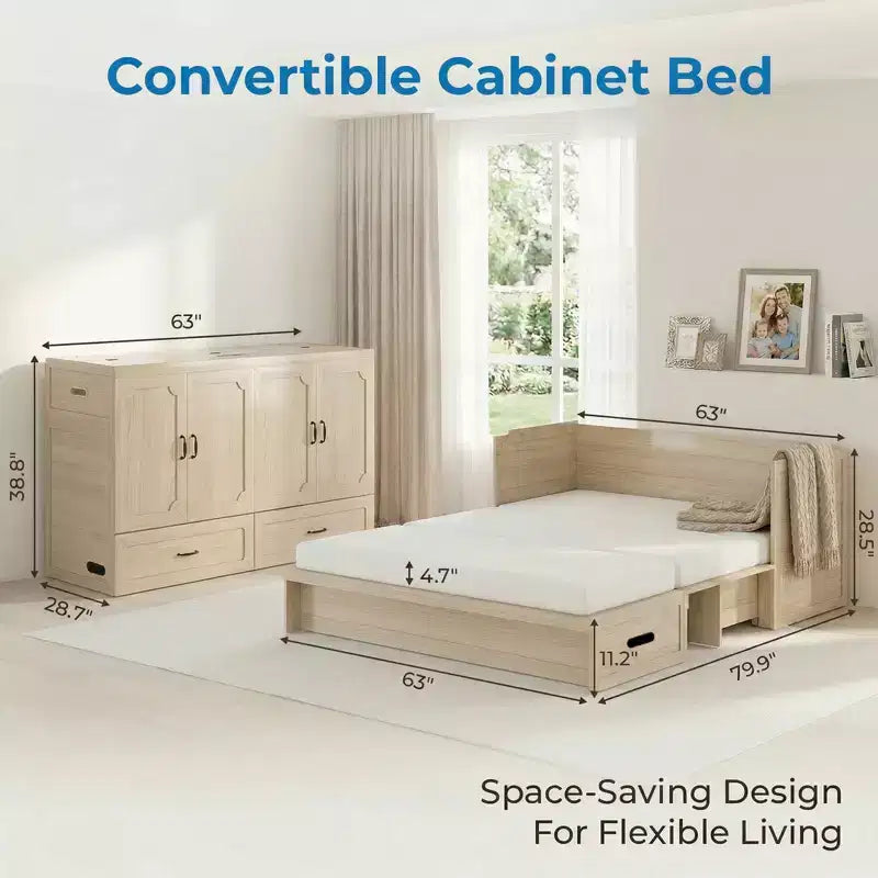 Mjkone Queen Size Convertible Murphy Cabinet Bed with Mattress, USB Charging, Storage Drawers