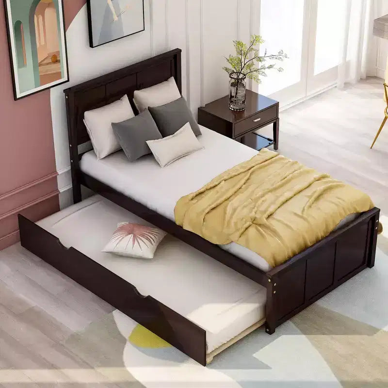 FAMYYT Twin Size Platform Bed With Space-saving Trundle, Easy Assembly, Espresso