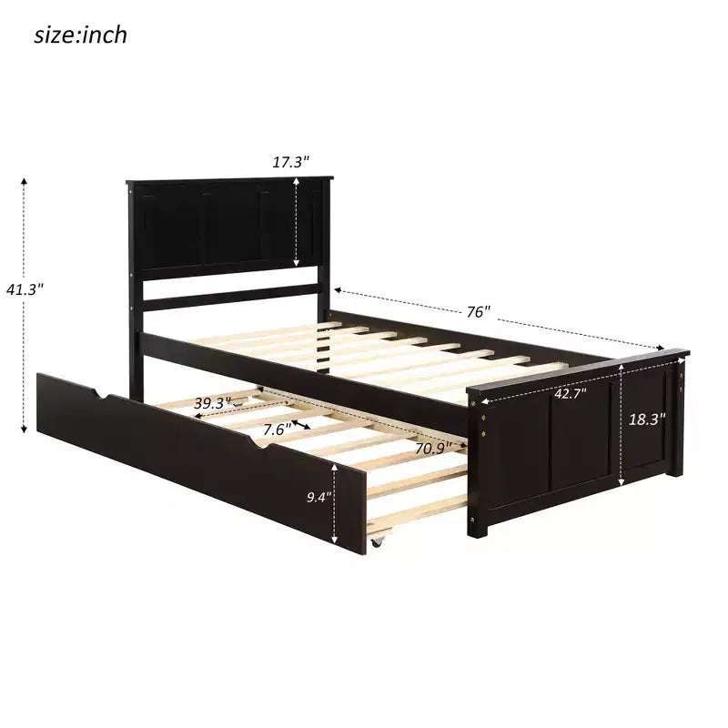 FAMYYT Twin Size Platform Bed With Space-saving Trundle, Easy Assembly, Espresso