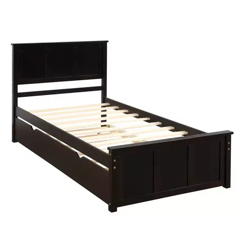 FAMYYT Twin Size Platform Bed With Space-saving Trundle, Easy Assembly, Espresso
