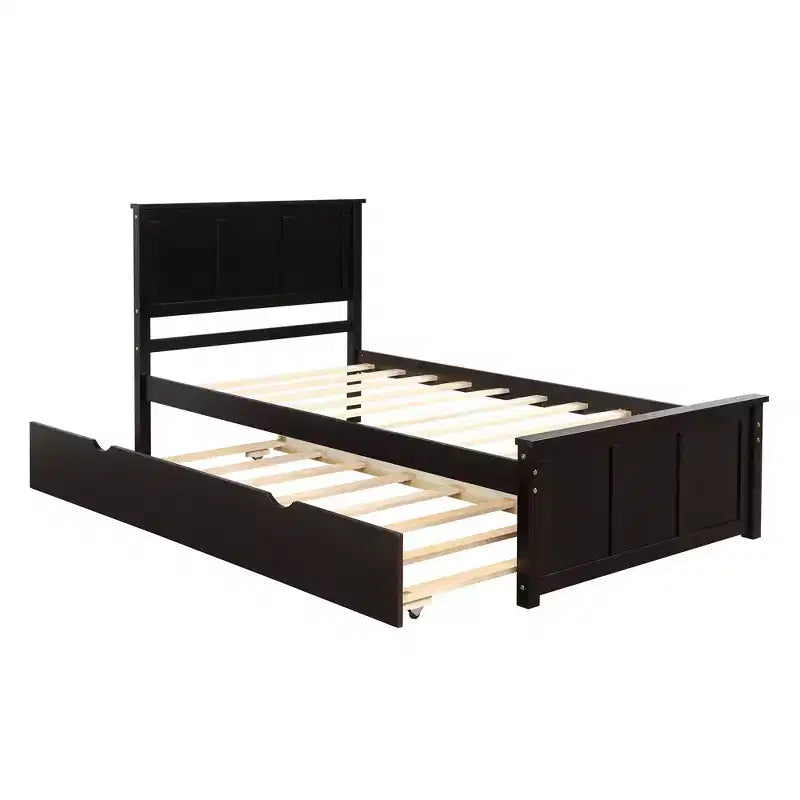 FAMYYT Twin Size Platform Bed With Space-saving Trundle, Easy Assembly, Espresso