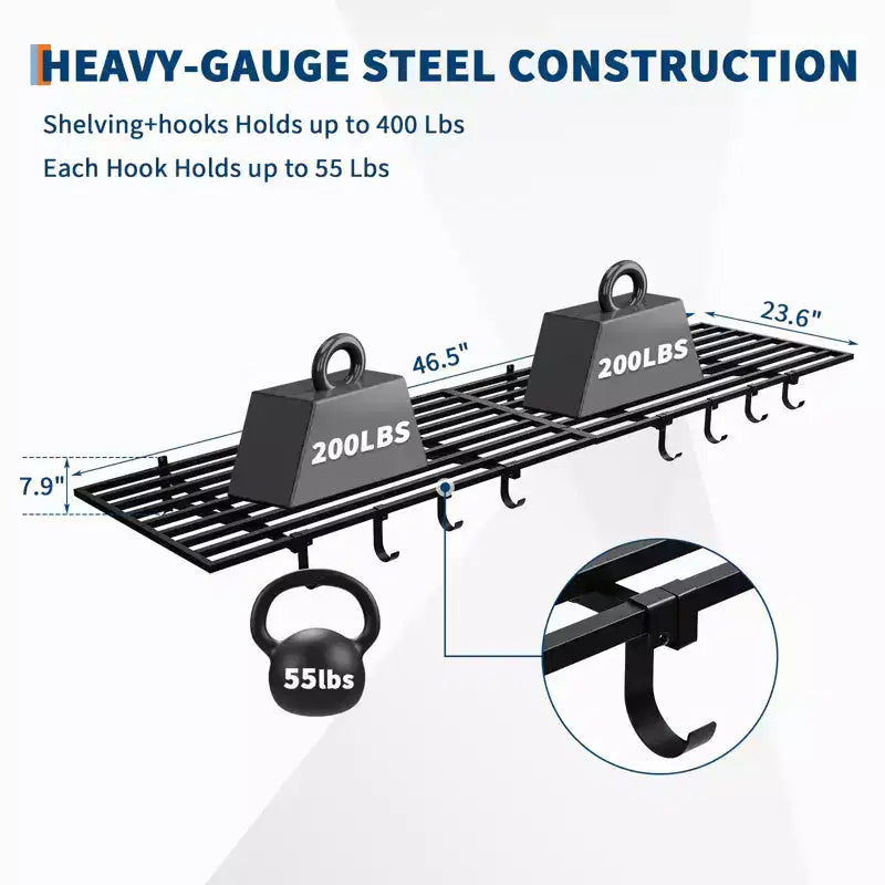 Heavy Duty Garage Wall Shelf, 2 Pack 2x4 ft Metal Floating Shelves with 8 Hooks, Wall Mounted Storage Organizer for Garage, Shop, Laundry, Office