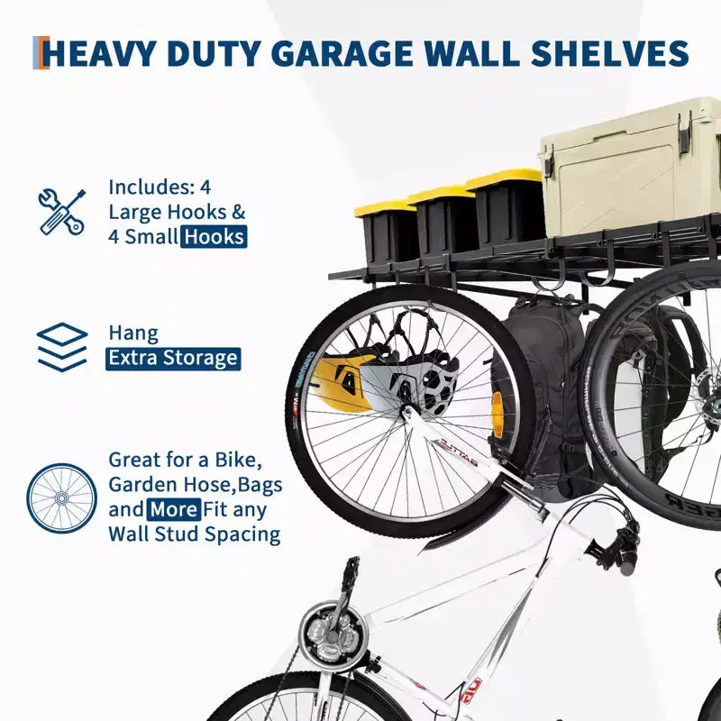 Heavy Duty Garage Wall Shelf, 2 Pack 2x4 ft Metal Floating Shelves with 8 Hooks, Wall Mounted Storage Organizer for Garage, Shop, Laundry, Office