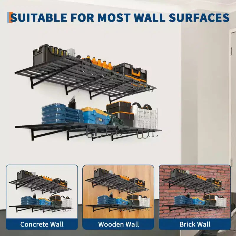 Heavy Duty Garage Wall Shelf, 2 Pack 2x4 ft Metal Floating Shelves with 8 Hooks, Wall Mounted Storage Organizer for Garage, Shop, Laundry, Office