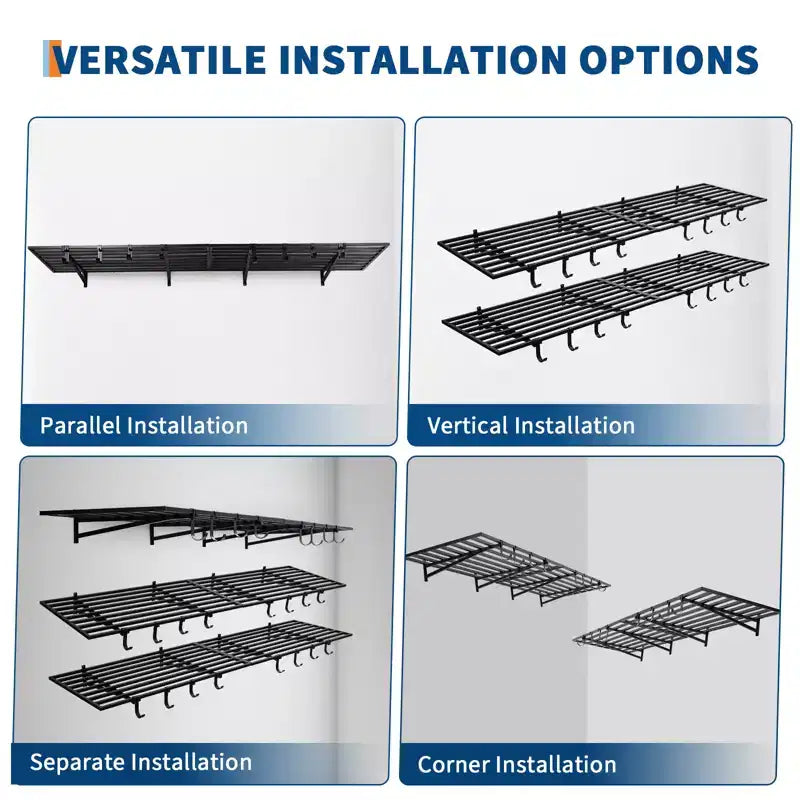 Heavy Duty Garage Wall Shelf, 2 Pack 2x4 ft Metal Floating Shelves with 8 Hooks, Wall Mounted Storage Organizer for Garage, Shop, Laundry, Office