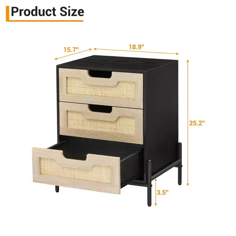 Rattan Nightstand, Boho Cane Bedside Table with Metal Legs, Modern Woven Accent End Table for Small Spaces, Free Standing Side Table for Bedroom