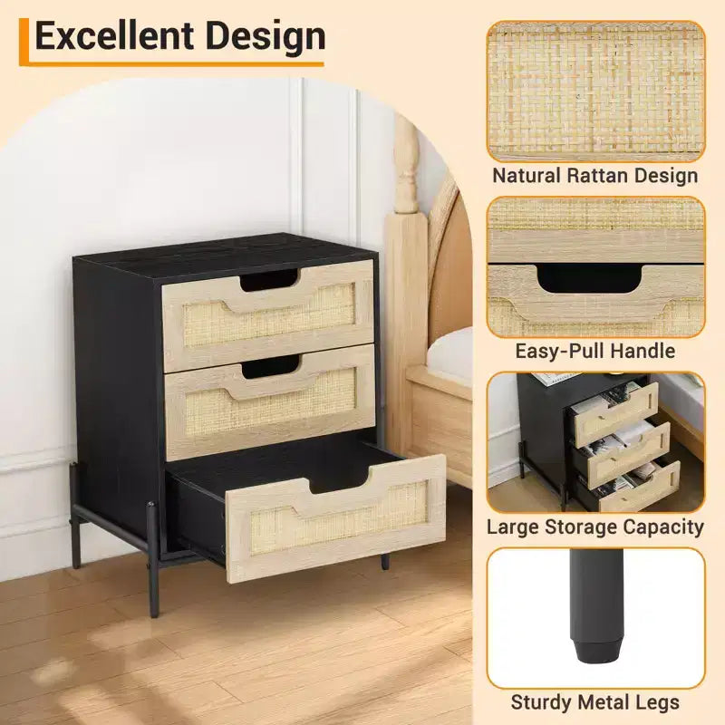 Rattan Nightstand, Boho Cane Bedside Table with Metal Legs, Modern Woven Accent End Table for Small Spaces, Free Standing Side Table for Bedroom