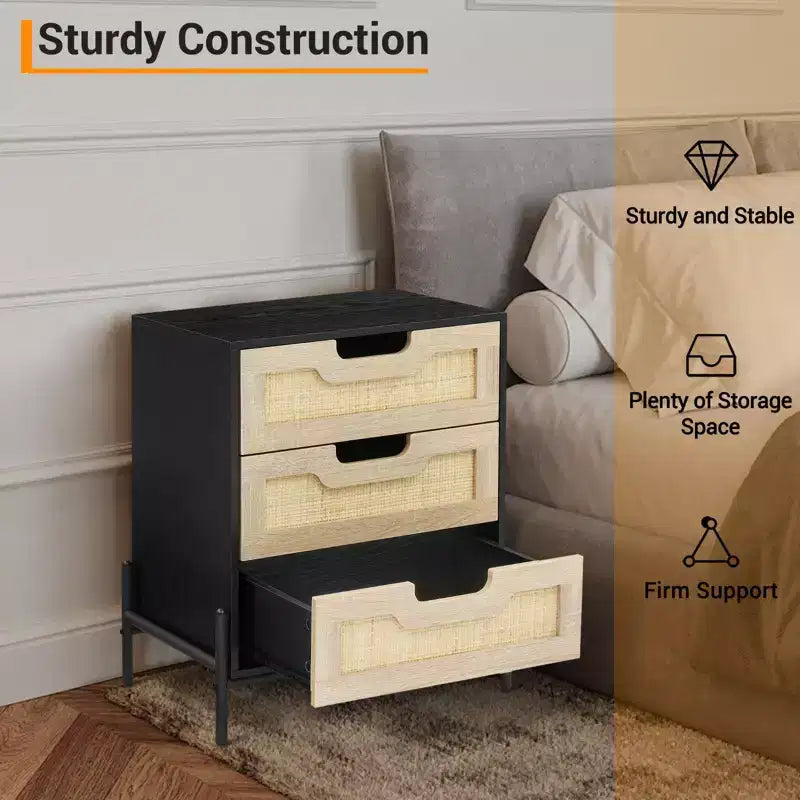 Rattan Nightstand, Boho Cane Bedside Table with Metal Legs, Modern Woven Accent End Table for Small Spaces, Free Standing Side Table for Bedroom