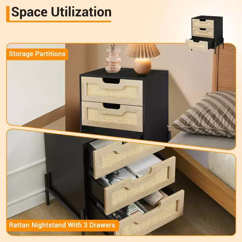 Rattan Nightstand, Boho Cane Bedside Table with Metal Legs, Modern Woven Accent End Table for Small Spaces, Free Standing Side Table for Bedroom