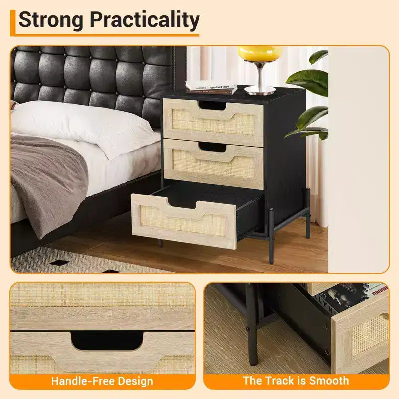 Rattan Nightstand, Boho Cane Bedside Table with Metal Legs, Modern Woven Accent End Table for Small Spaces, Free Standing Side Table for Bedroom