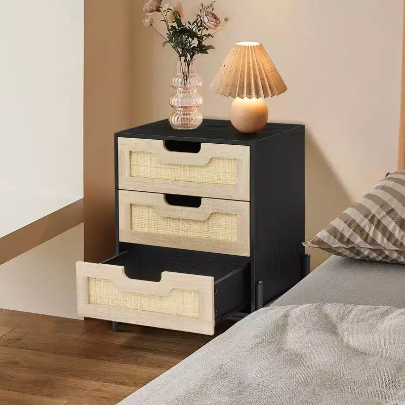 Rattan Nightstand, Boho Cane Bedside Table with Metal Legs, Modern Woven Accent End Table for Small Spaces, Free Standing Side Table for Bedroom
