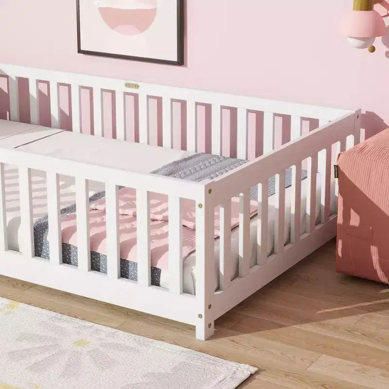Sailvan Twin Floor Bed with Fence,Solid Rubber Wood Kids Bed Frame