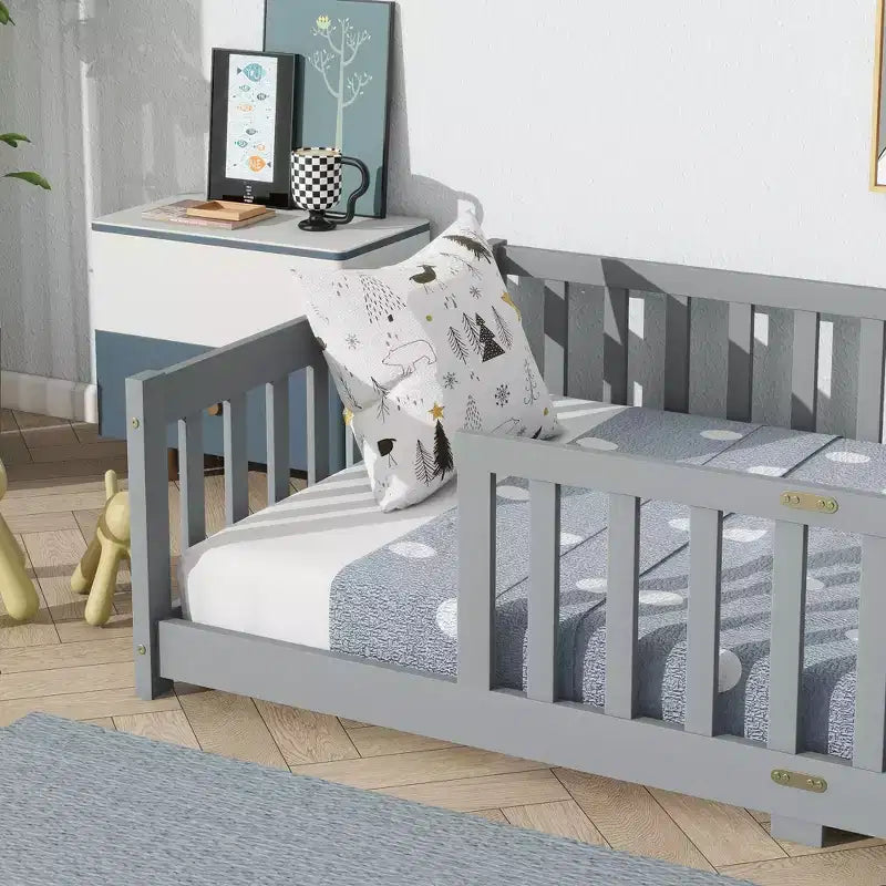 Sailvan Twin Floor Bed with Fence,Solid Rubber Wood Kids Bed Frame