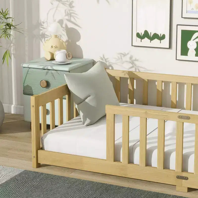 Sailvan Twin Floor Bed with Fence,Solid Rubber Wood Kids Bed Frame