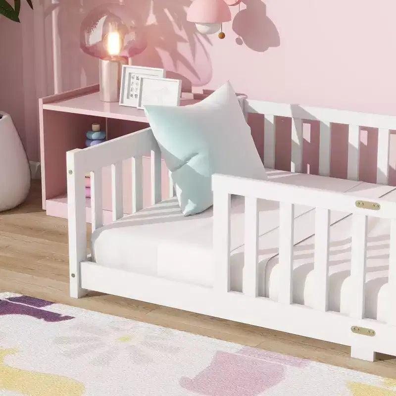 Sailvan Twin Floor Bed with Fence,Solid Rubber Wood Kids Bed Frame