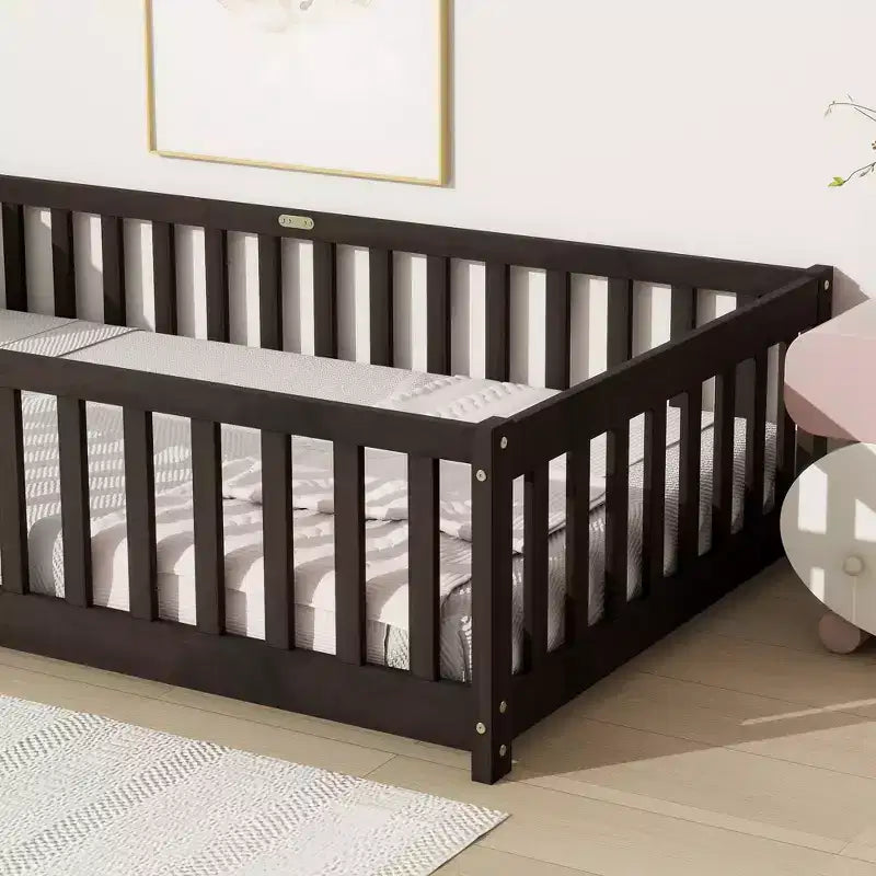 Sailvan Twin Floor Bed with Fence,Solid Rubber Wood Kids Bed Frame