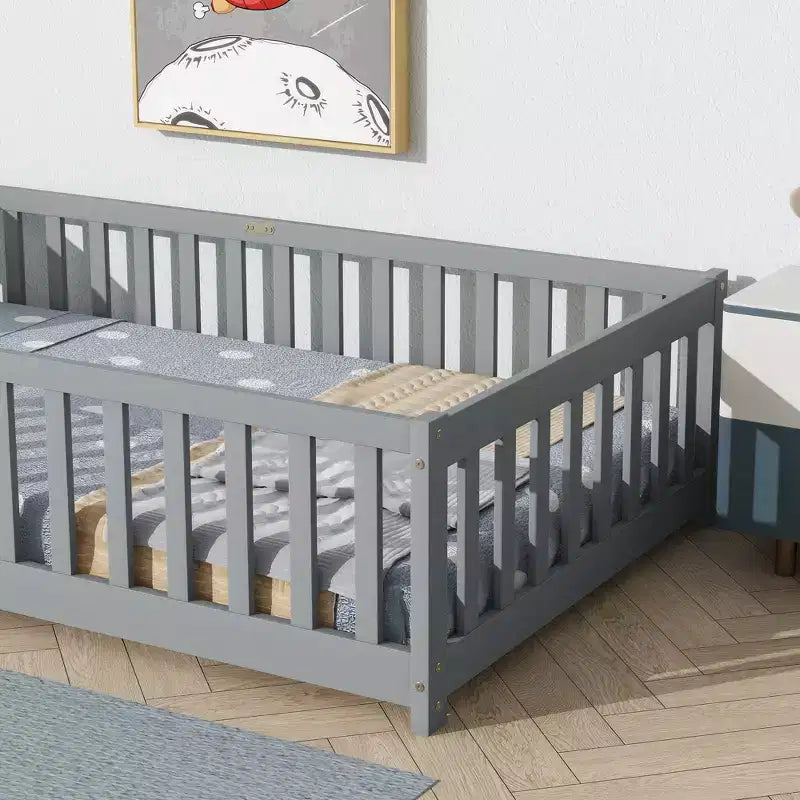 Sailvan Twin Floor Bed with Fence,Solid Rubber Wood Kids Bed Frame
