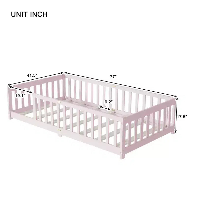 Sailvan Twin Floor Bed with Fence,Solid Rubber Wood Kids Bed Frame