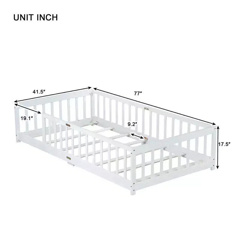 Sailvan Twin Floor Bed with Fence,Solid Rubber Wood Kids Bed Frame