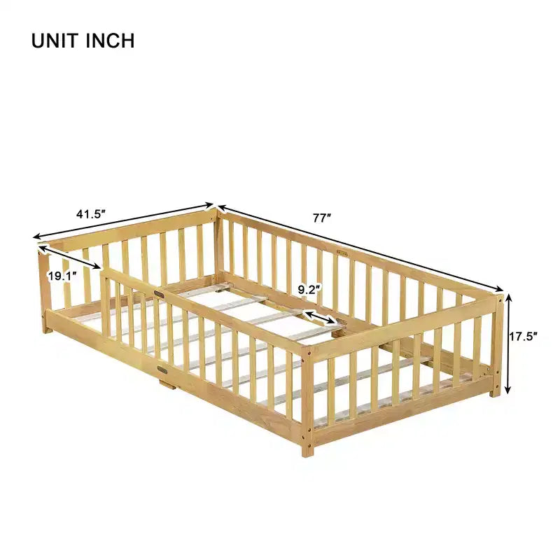 Sailvan Twin Floor Bed with Fence,Solid Rubber Wood Kids Bed Frame