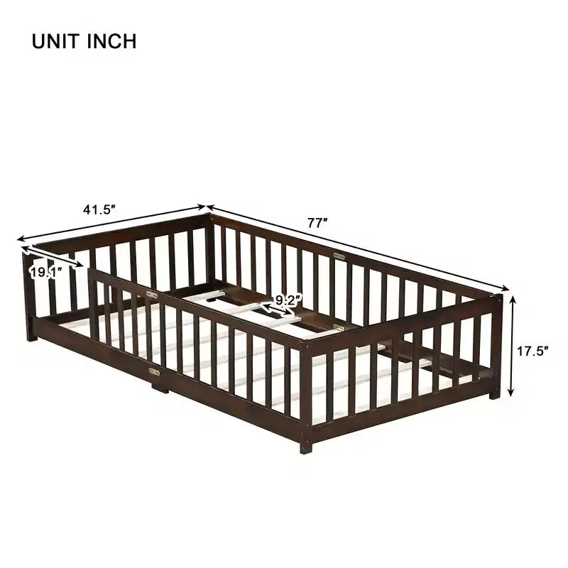 Sailvan Twin Floor Bed with Fence,Solid Rubber Wood Kids Bed Frame