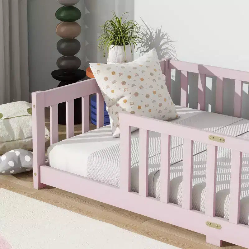 Sailvan Twin Floor Bed with Fence,Solid Rubber Wood Kids Bed Frame