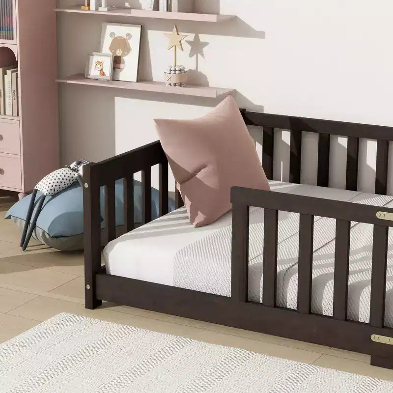 Sailvan Twin Floor Bed with Fence,Solid Rubber Wood Kids Bed Frame