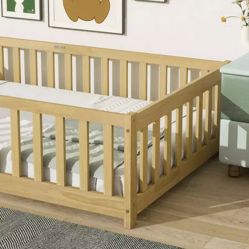 Sailvan Twin Floor Bed with Fence,Solid Rubber Wood Kids Bed Frame