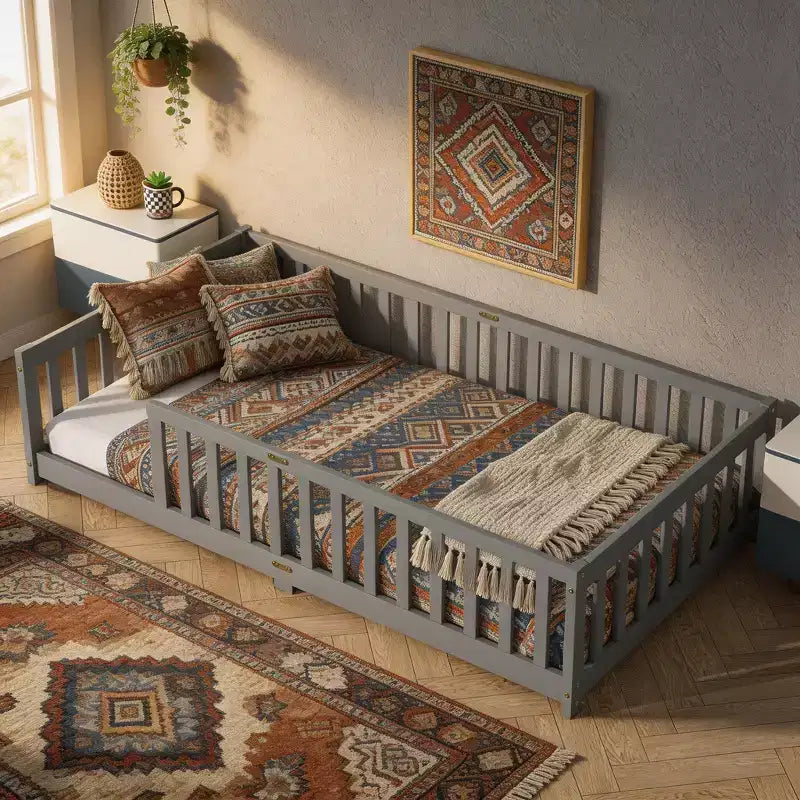 Sailvan Twin Floor Bed with Fence,Solid Rubber Wood Kids Bed Frame