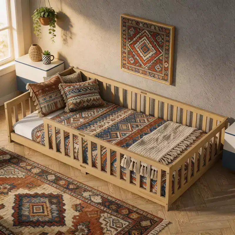 Sailvan Twin Floor Bed with Fence,Solid Rubber Wood Kids Bed Frame