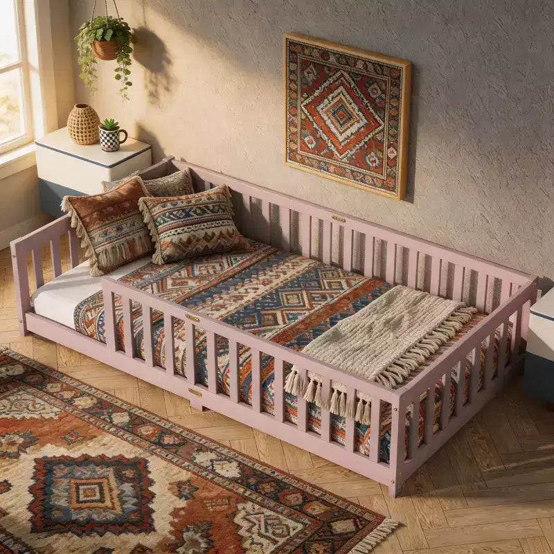 Sailvan Twin Floor Bed with Fence,Solid Rubber Wood Kids Bed Frame