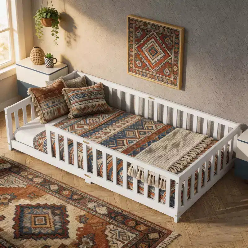 Sailvan Twin Floor Bed with Fence,Solid Rubber Wood Kids Bed Frame