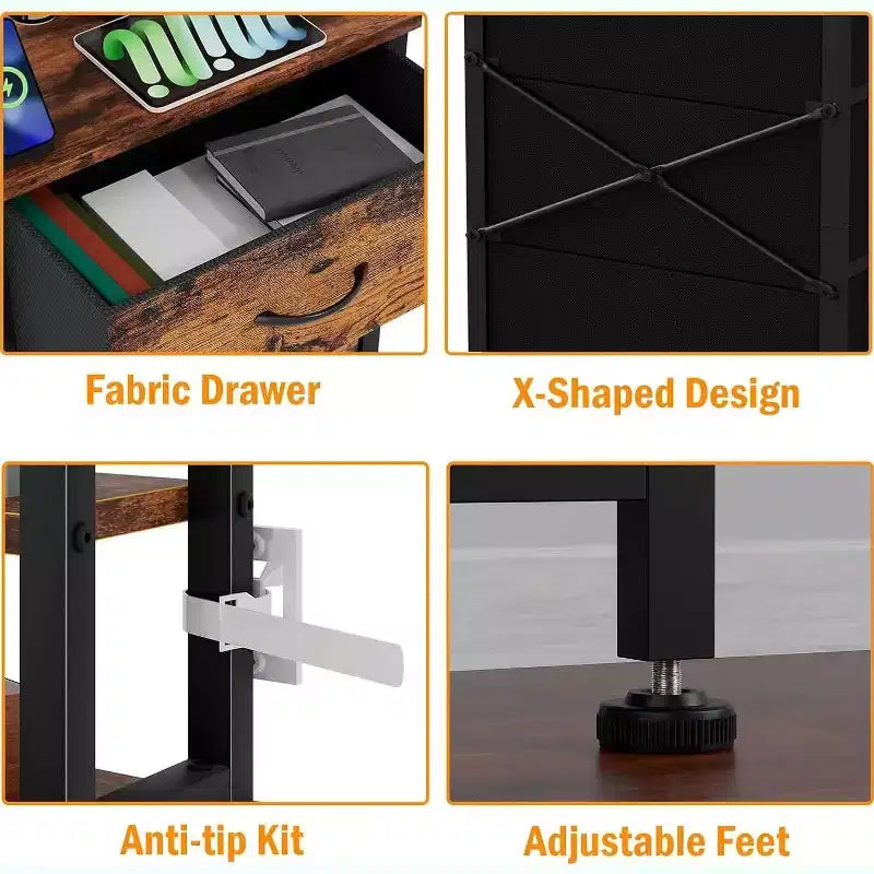 Qwatto 45.3in Tall Bedside Table with USB Charging Station and Light 3 Fabric Drawer Nightstand Bookshelf for Small Space Bedroom Dorm Brown Finish