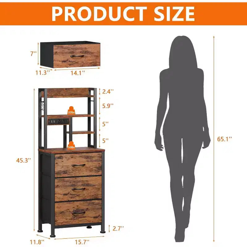 Qwatto 45.3in Tall Bedside Table with USB Charging Station and Light 3 Fabric Drawer Nightstand Bookshelf for Small Space Bedroom Dorm Brown Finish