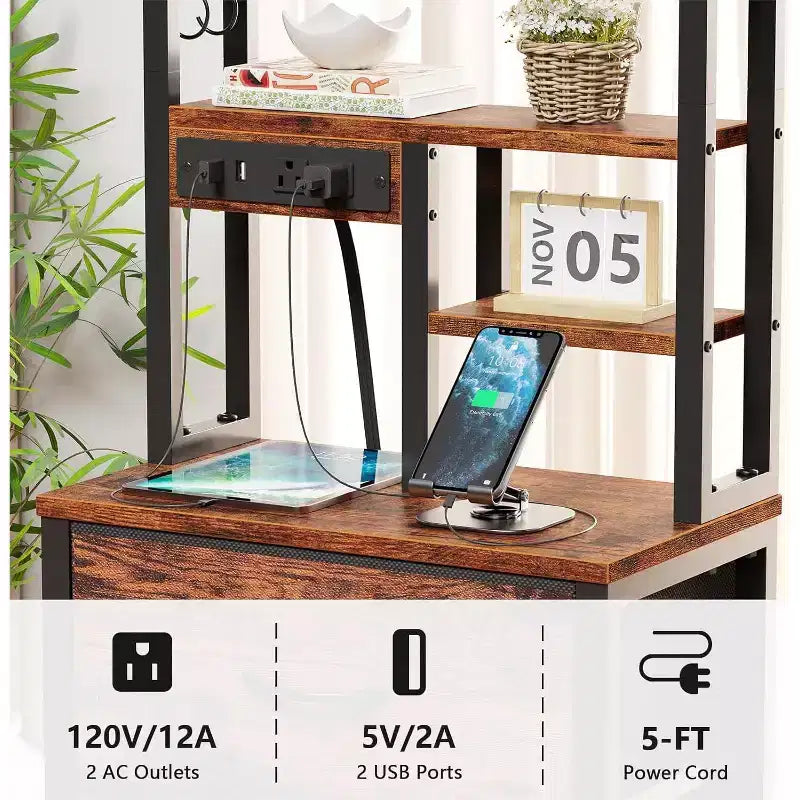 Qwatto 45.3in Tall Bedside Table with USB Charging Station and Light 3 Fabric Drawer Nightstand Bookshelf for Small Space Bedroom Dorm Brown Finish