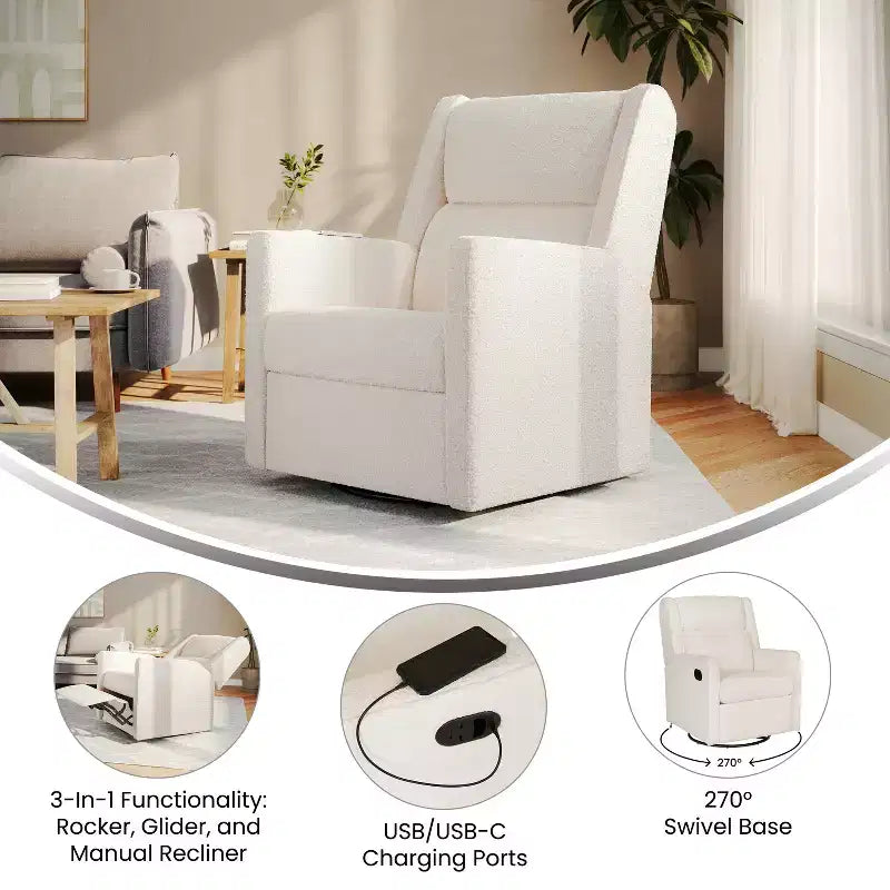 Emma and Oliver Swivel Glider Rocker Recliner with USB/USB-C Charging Ports, Manual 270 Degree Swivel Recliner