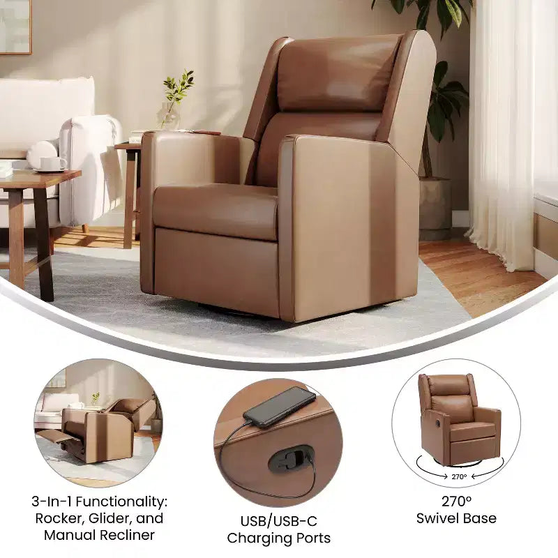 Emma and Oliver Swivel Glider Rocker Recliner with USB/USB-C Charging Ports, Manual 270 Degree Swivel Recliner