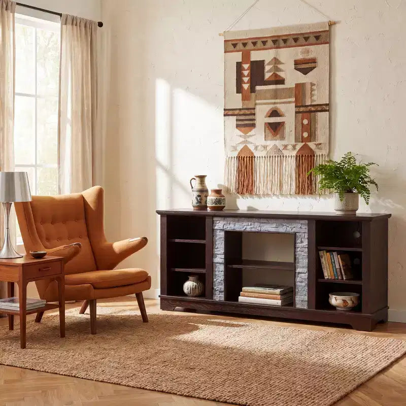 JVNOXK TV Media Stand with with Faux Stacked Stone Surround, Modern Entertainment Console with Open Storage Space, Cherry