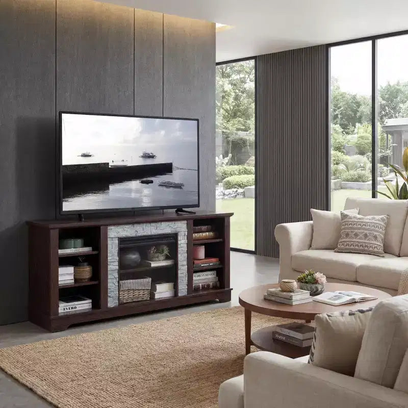 JVNOXK TV Media Stand with with Faux Stacked Stone Surround, Modern Entertainment Console with Open Storage Space, Cherry