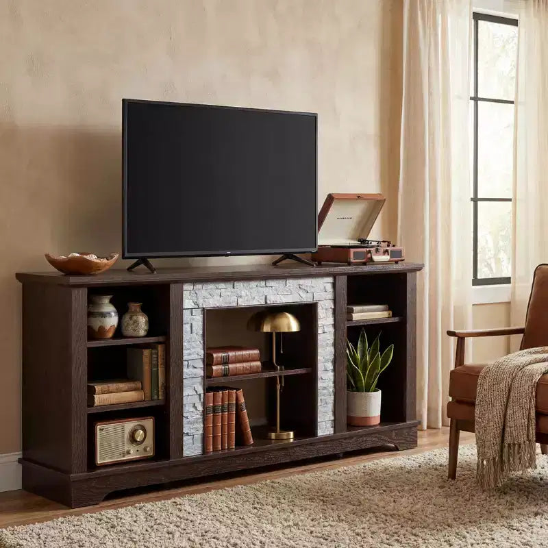 JVNOXK TV Media Stand with with Faux Stacked Stone Surround, Modern Entertainment Console with Open Storage Space, Cherry