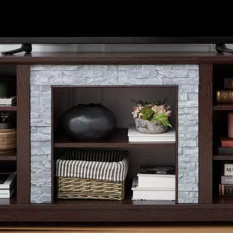 JVNOXK TV Media Stand with with Faux Stacked Stone Surround, Modern Entertainment Console with Open Storage Space, Cherry