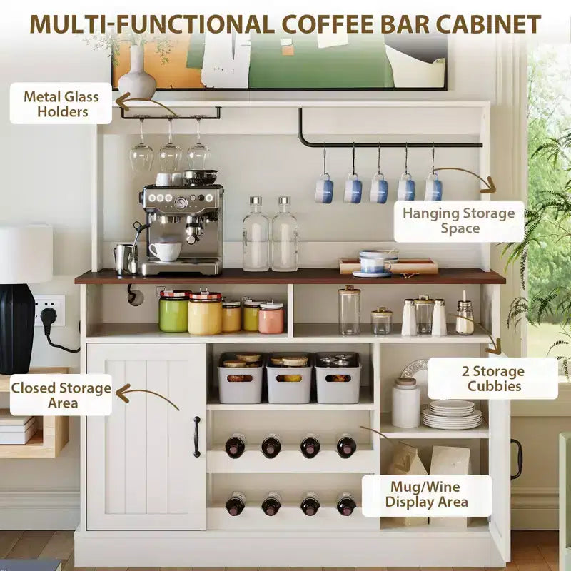 Farmhouse 47 Coffee Bar Cabinet with Charging Station, Large Wood Buffet Sideboard Storage Shelf with Wine Rack for Kitchen & Dining Room