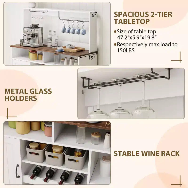 Farmhouse 47 Coffee Bar Cabinet with Charging Station, Large Wood Buffet Sideboard Storage Shelf with Wine Rack for Kitchen & Dining Room
