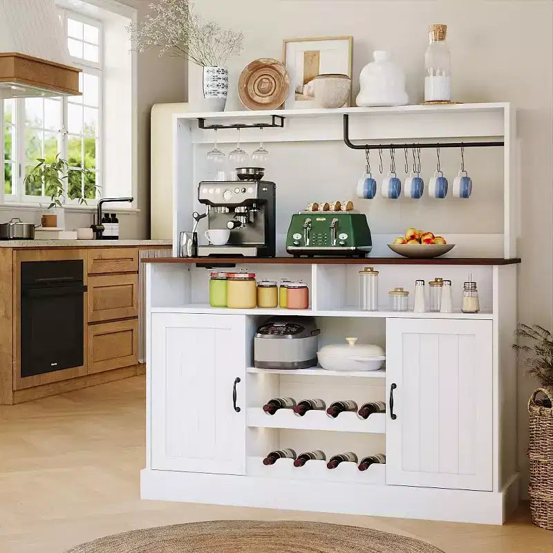 Farmhouse 47 Coffee Bar Cabinet with Charging Station, Large Wood Buffet Sideboard Storage Shelf with Wine Rack for Kitchen & Dining Room