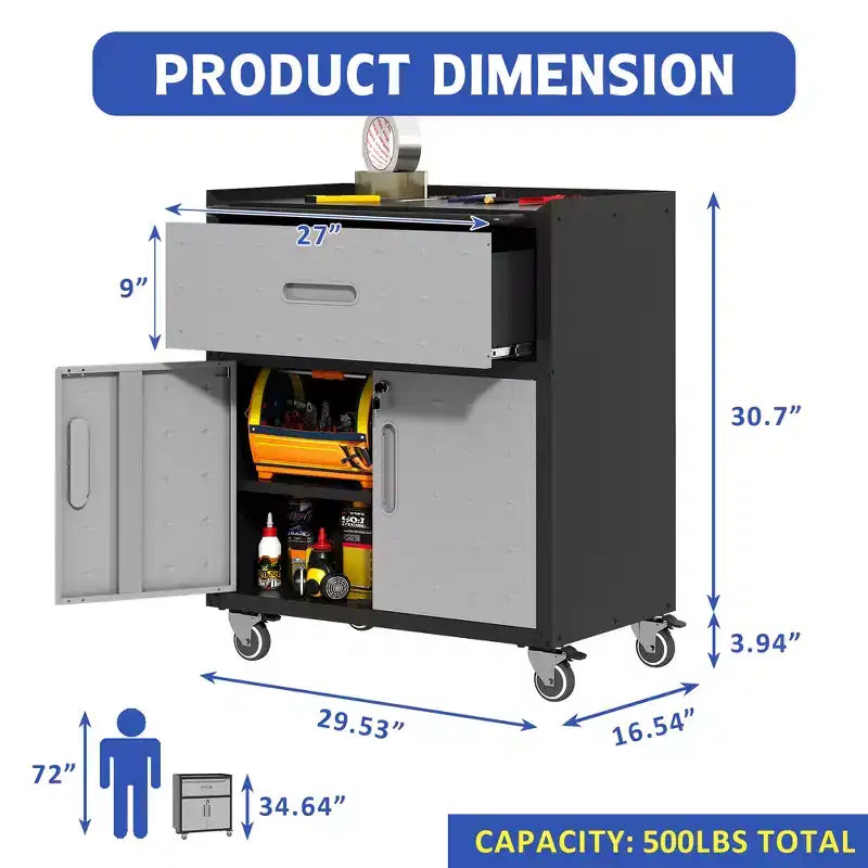 Metal Tool Cabinet for Garage, Mobile Heavy-Duty Storage Cabinet with Locking Doors, Rolling Tool Storage Cabinet