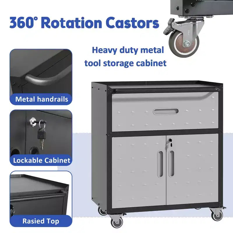 Metal Tool Cabinet for Garage, Mobile Heavy-Duty Storage Cabinet with Locking Doors, Rolling Tool Storage Cabinet