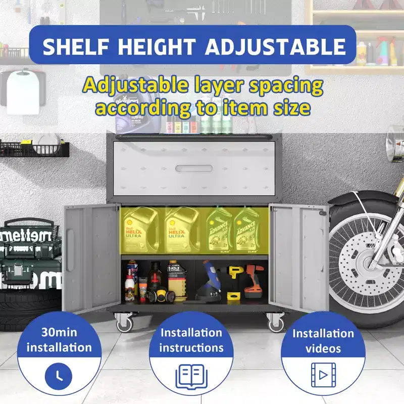 Metal Tool Cabinet for Garage, Mobile Heavy-Duty Storage Cabinet with Locking Doors, Rolling Tool Storage Cabinet