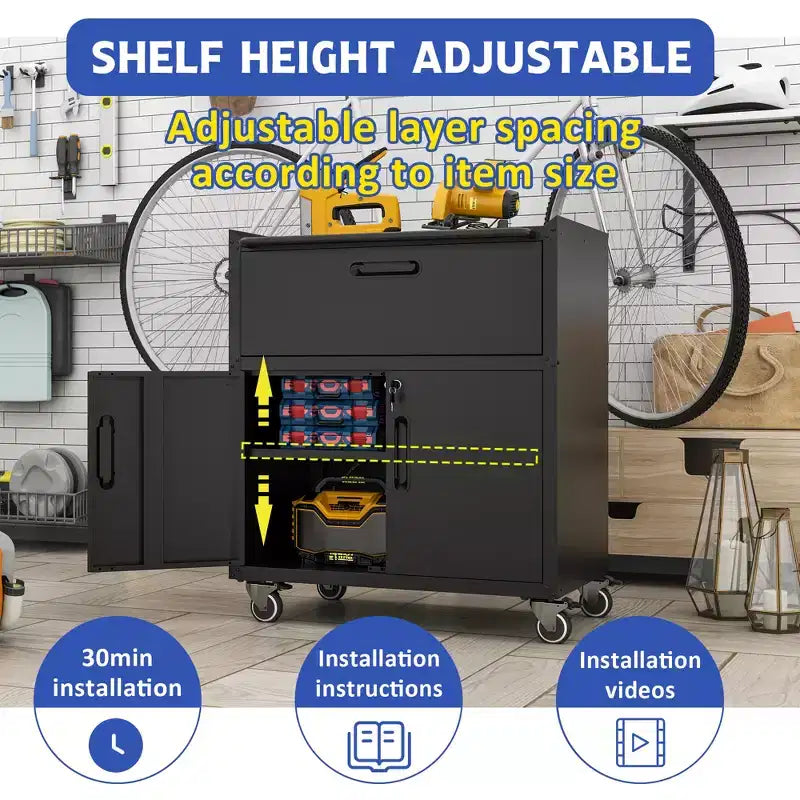 Metal Tool Cabinet for Garage, Mobile Heavy-Duty Storage Cabinet with Locking Doors, Rolling Tool Storage Cabinet