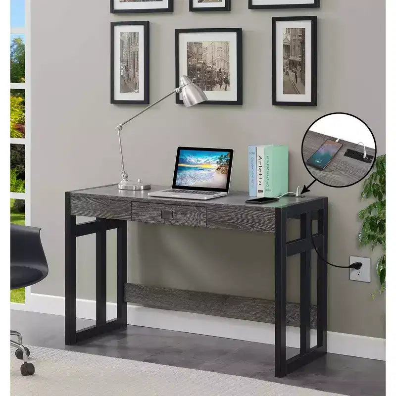 47" Monterey Desk with Charging Station Weathered Gray/Black - Breighton Home: Office Workstation with Hutch Storage