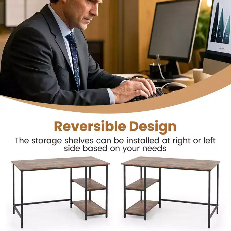 Costway 47'' Computer Desk Office Study Table Workstation Home w/ Adjustable Shelf Rustic Black/Coffee/Brown